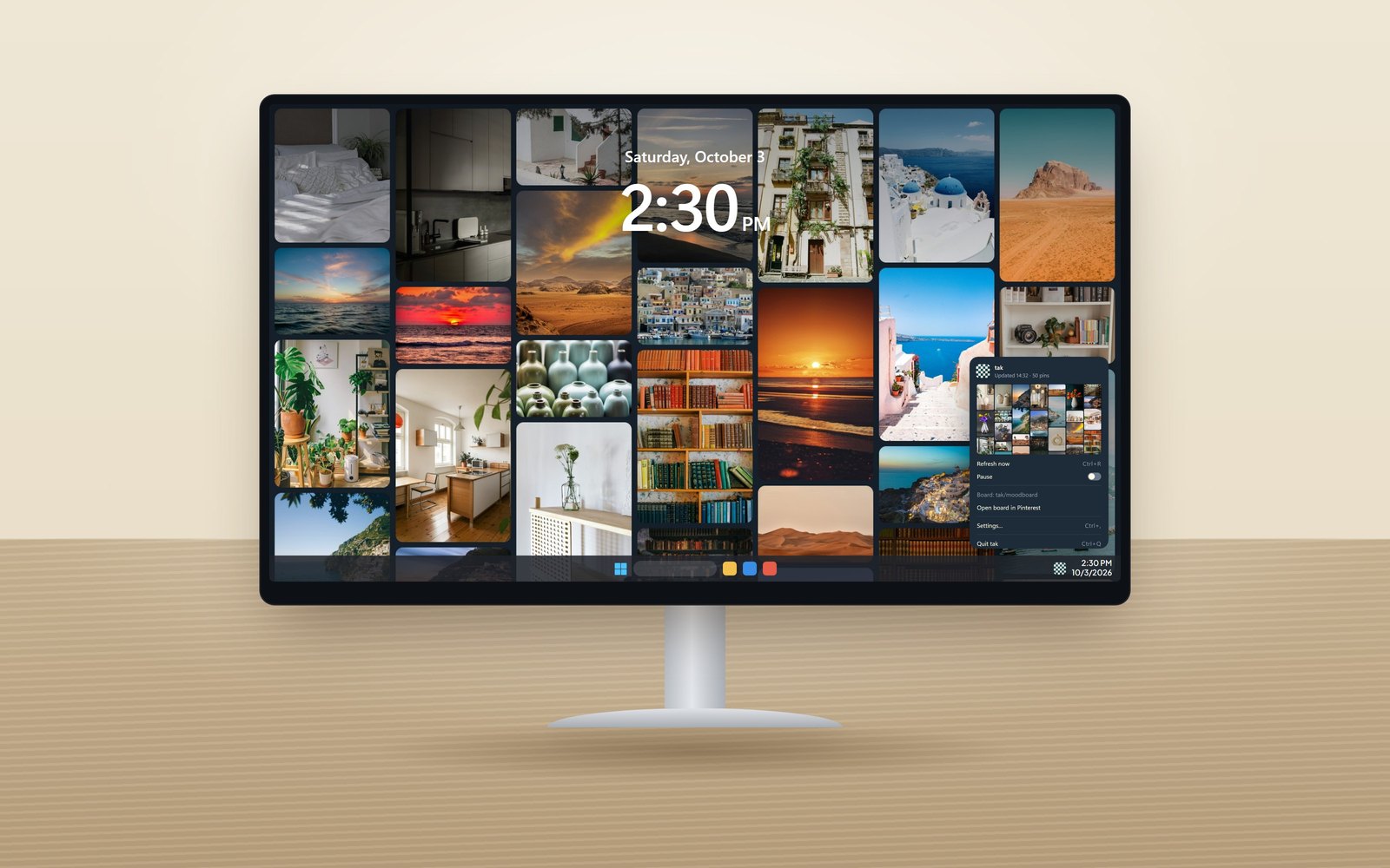 A desktop monitor showing a tak wallpaper of interiors, Mediterranean coastlines and still lifes, with the tak menu open by the clock